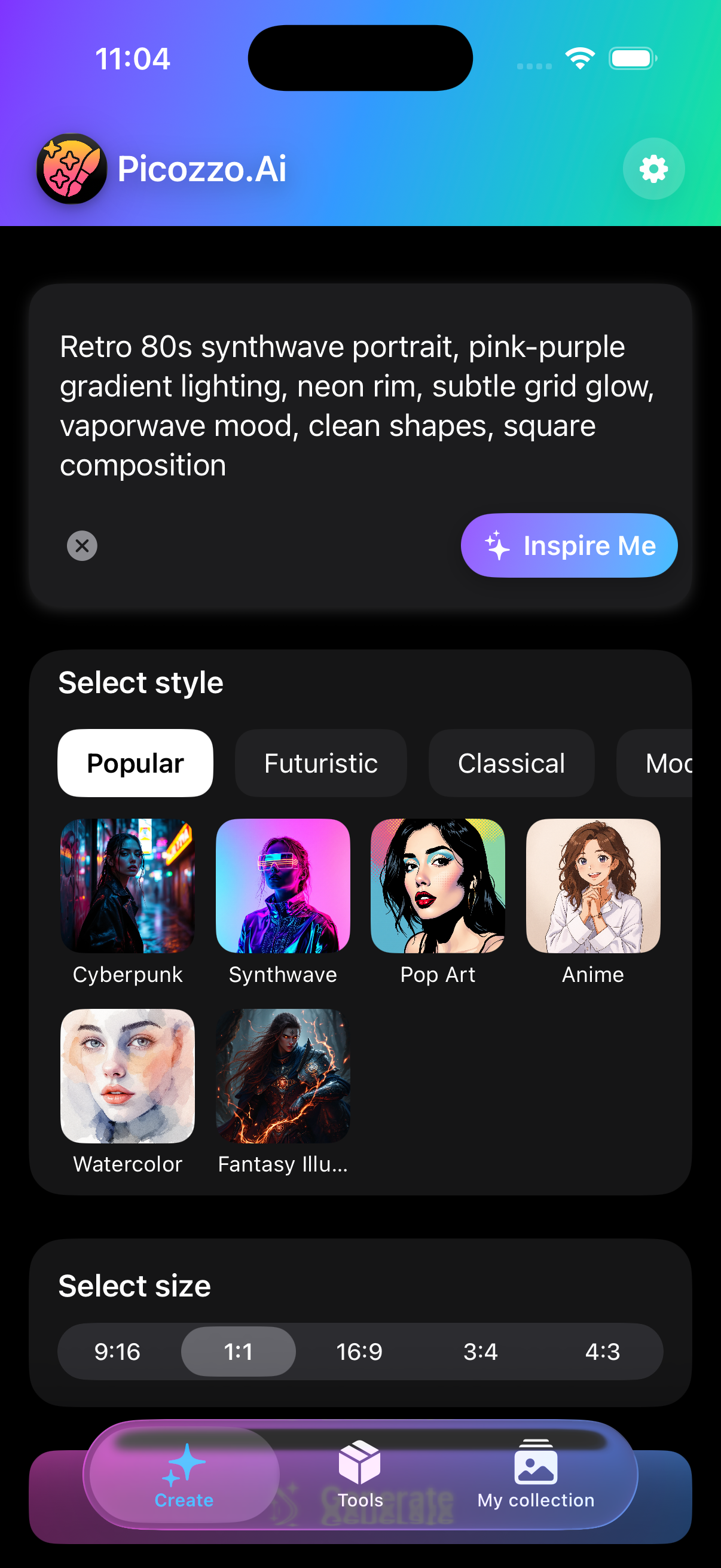 Create screen with prompt, style grid, and aspect ratio picker