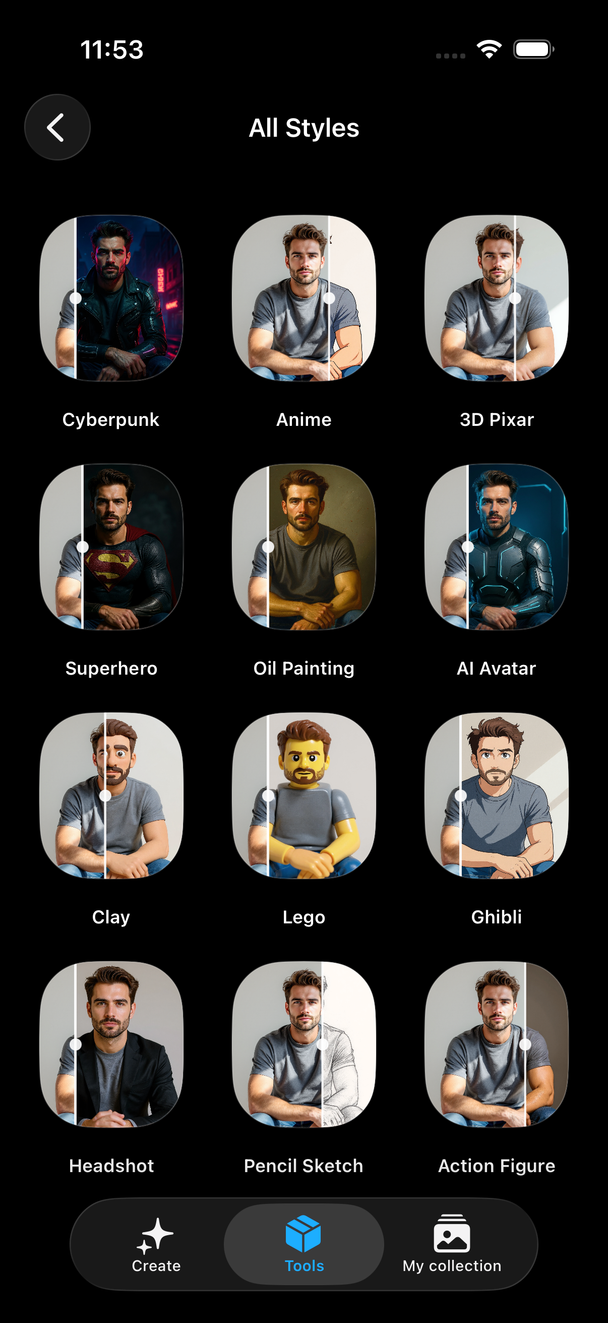 AI photo styles gallery with before-and-after previews