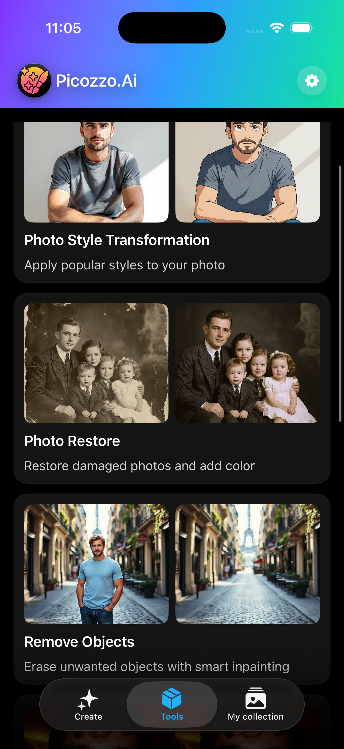 Tools tab with photo style, restore, and remove objects