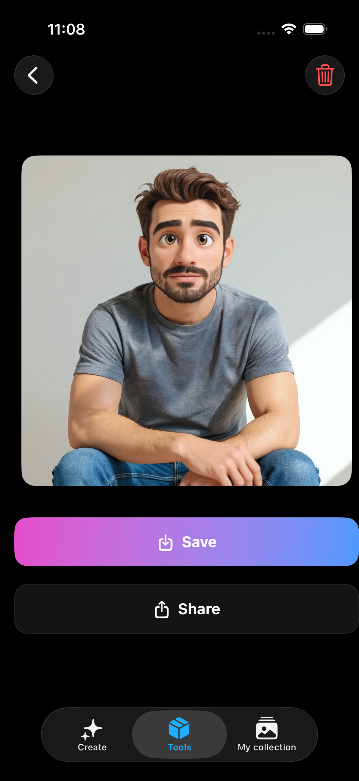 Generated 3D-style portrait with Save and Share