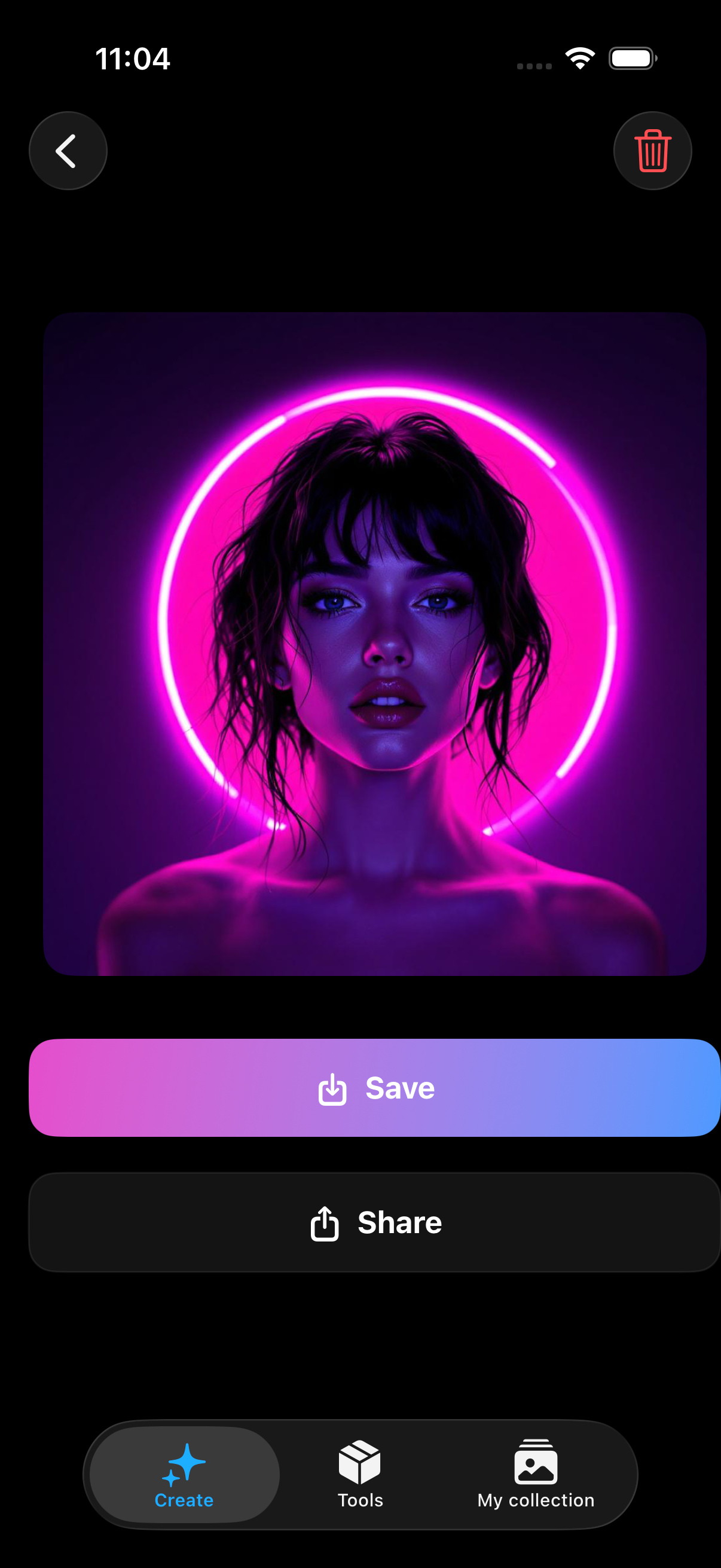 Neon portrait result with Save and Share actions