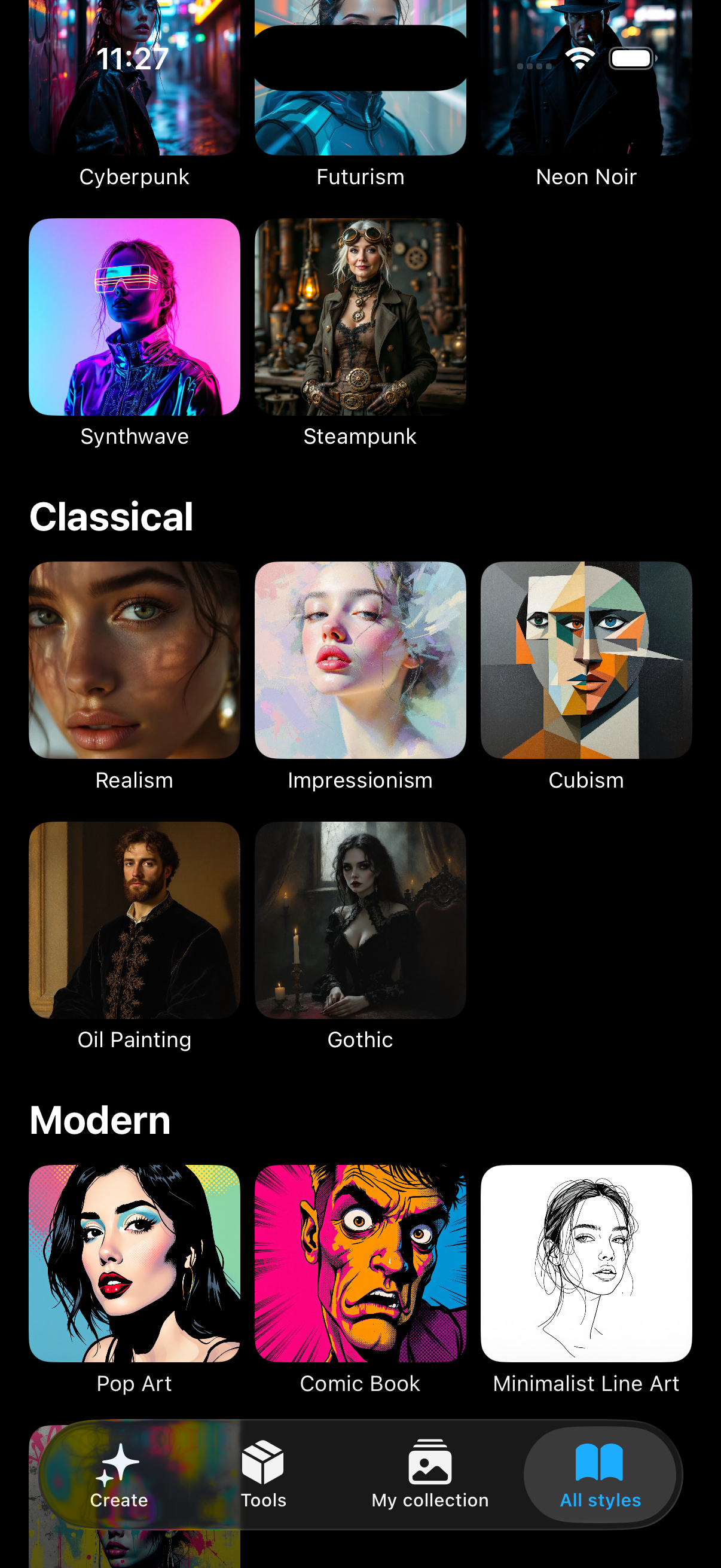 Popular AI art styles grid in My collection